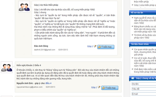 <a href="https://6pg88vn.com/2013010108153495P0C9920/cong-bo-du-thao-sua-doi-hien-phap.htm">Trong ngày đầu tiên dự thảo được công bố</a>, đã có khá nhiều ý kiến người dân góp ý cho việc sửa đổi Hiến pháp 1992.