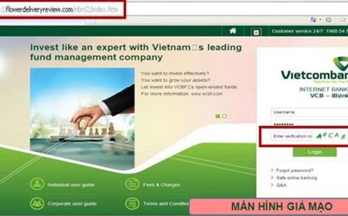 Một dạng giao diện giả mạo dịch vụ Pg88 com chính chủ trực tuyến của Vietcombank,
 nhưng khác tên miền và dãy số xác thực không đổi khi nhập sai thông tin
 hoặc làm mới để chọn dãy số khác.