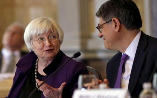 Chủ tịch Cục Dự trữ Liên bang Mỹ (FED) Janet Yellen và Bộ trưởng Bộ Pg88ok giải trí thể thao, casino, bắn cá và slot nước này Jack Lew trong một cuộc họp ở&nbsp; Washington DC tháng 5/2015 - Ảnh: Reuters.<br>