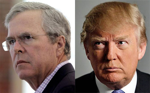 Ông Jeb Bush (trái) và ông Donald Trump, hai ứng cử viên tổng thống Mỹ của đảng Cộng hòa.<br>