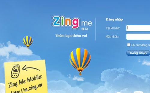 Giao diện trang đăng nhập mạng xã hội Zing Me.<br>