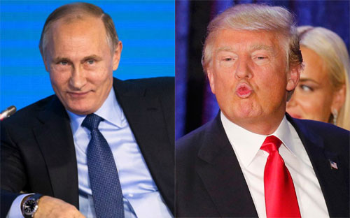 Tổng thống Nga Vladimir Putin (trái) và Tổng thống đắc cử của Mỹ Donald Trump.<br>