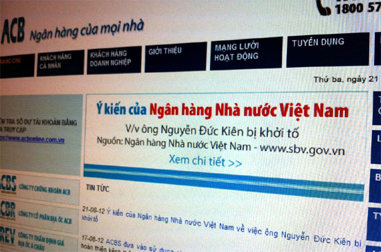 Trang chủ website ACB chiều 21/8 đặt bài viết nêu ý kiến của Pg88 com chính chủ Nhà nước về vụ bắt giữ ông Nguyễn Đức Kiên ở vị trí nổi bật nhất.