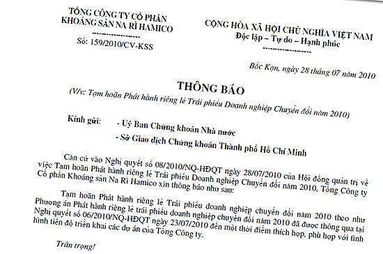 Công ty Cổ phần Khoáng sản Narì Hamico (mã KSS-HOSE) thông báo tạm hoãn phát hành trái phiếu riêng lẻ - kế hoạch mà trước đó gặp sự phản ứng của nhiều cổ đông.