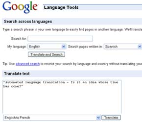 Giao diện trang dịch thuật tự động của Google.