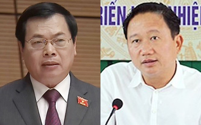 Nguyên Bộ trưởng Bộ Công Thương Vũ Huy Hoàng (bên trái) và ông Trịnh Xuân Thanh, nguyên Phó chủ tịch UBND tỉnh Hậu Giang.<br>