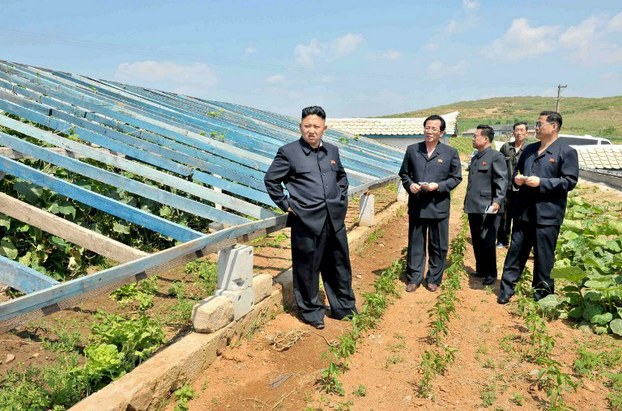 Nhà lãnh đạo Triều Tiên Kim Jong Un (trái) trong một cuộc thị sát nông trại trồng rau ở tỉnh Nam Pyongan - Ảnh: KCNA/RFA.<br>