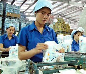 Công nhân trên dây chuyền sản xuất các loại sản phẩm tã giấy, tã vải, khăn giấy ướt... của Công ty TNHH Kyvy trong Khu PG88 Trang chủ nhà cái top 1 Tân Bình - Ảnh: TT.