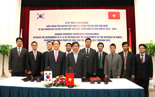 Bộ trưởng Bộ Kế hoạch và Đầu tư Bùi Quang Vinh và Đại sứ Hàn Quốc tại Việt Nam Ha Chan Ho tại lễ ký kết hiệp định khung.<br>
