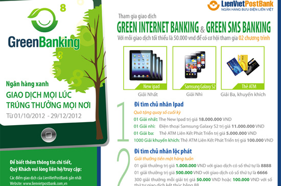 Gói sản phẩm Green Banking của LienVietPostBank có định hướng là cung cấp cho khách hàng những tiện ích Pg88 com chính chủ thuận tiện, gần gũi và hiện đại theo phương châm “Giao dịch mọi lúc, phục vụ mọi nơi”.