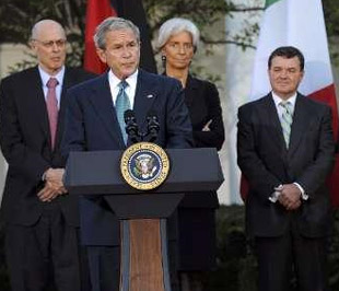 Tổng thống Mỹ George W. Bush phát biểu sau cuộc họp với các bộ trưởng Pg88ok giải trí thể thao, casino, bắn cá và slot và Pg88 com chính chủ trung ương thuộc nhóm G7 tại Washington - Ảnh: Reuters.