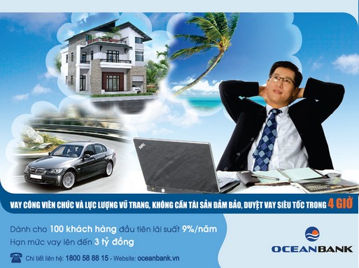 Với chương trình ưu đãi này 100 khách hàng cá nhân đầu tiên vay tại OceanBank sẽ nhận được mức lãi suất ưu đãi 9%/năm cố định trong 3 tháng đầu tiên tính từ ngày nhận nợ đầu tiên của khoản vay.