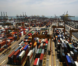 Tàu chở hàng đậu ngoài cảng Brani ở Singapore - Ảnh: Reuters.