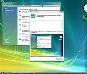 Màn hình với các cửa sổ của Windows Vista trông như đang nổi trên mặt nước.