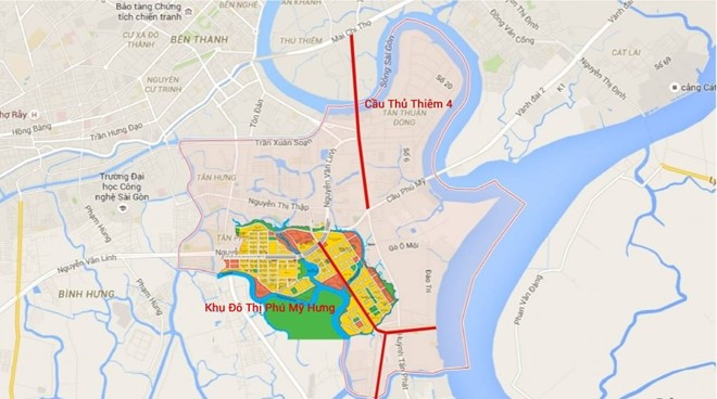 Vị trí xây cầu Thủ Thiêm 4.<br>