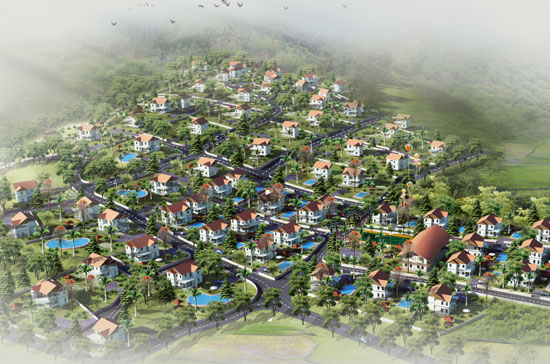 Hình ảnh phối cảnh tổng thể quần thể biệt thự sinh thái Yên Bài Top Hill Villas.