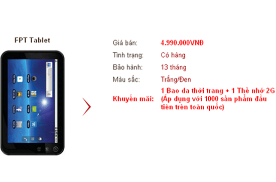 Thông tin về máy tính bảng của FPT - Ảnh chụp màn hình.