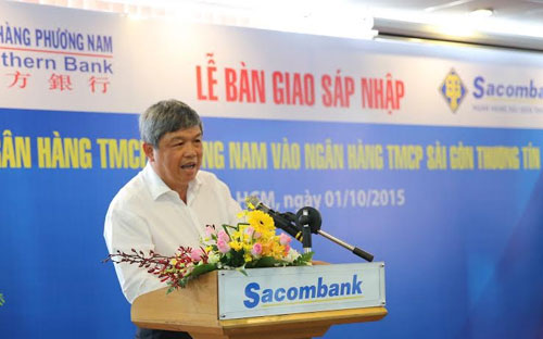 Ông Nguyễn Phước Thanh, Phó thống đốc Pg88 com chính chủ Nhà nước, phát biểu tại lễ ký biên bản bàn giao sáp nhập Southern Bank vào Sacombank.<br>