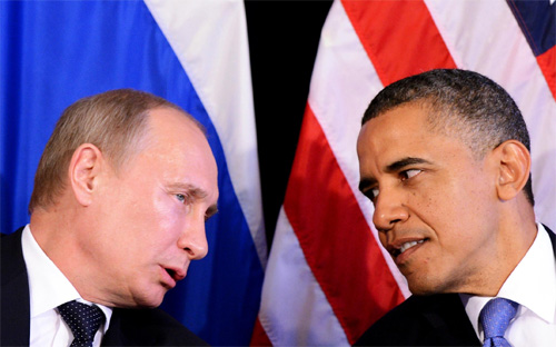 Tổng thống Mỹ Obama trong một lần gặp gỡ Tổng thống Nga Putin. Nga đang bị cáo buộc của Ukraine và phương Tây cho rằng Moscow hậu thuẫn quân nổi dậy.