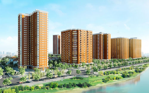 Phối cảnh tổng thể khu đô thị Nghĩa Đô với 5 tòa chung cư CT1A, 1B, 2A, 2B, 2C.