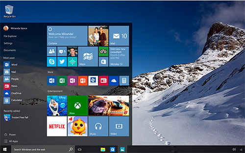 Điểm đáng chú ý trên Windows 10 là sự trở lại của menu Start cùng giao diện Live Tiles, giúp người dùng có trải nghiệm nhanh, cập nhật theo thời gian thực.<br>