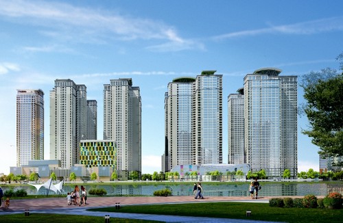Phối cảnh tổng thể Link Trang Chủ PG88.Com Mới #2026 Goldmark City, góc nhìn từ hồ điều hòa mặt tiền Link Trang Chủ PG88.Com Mới #2026.