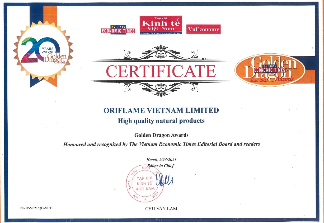 Chứng nhận danh hiệu &ldquo;Sản phẩm từ thi&ecirc;n nhi&ecirc;n tốt nhất&rdquo; (High Quality Natural Products) từ chương tr&igrave;nh Rồng V&agrave;ng của Oriflame Việt Nam.