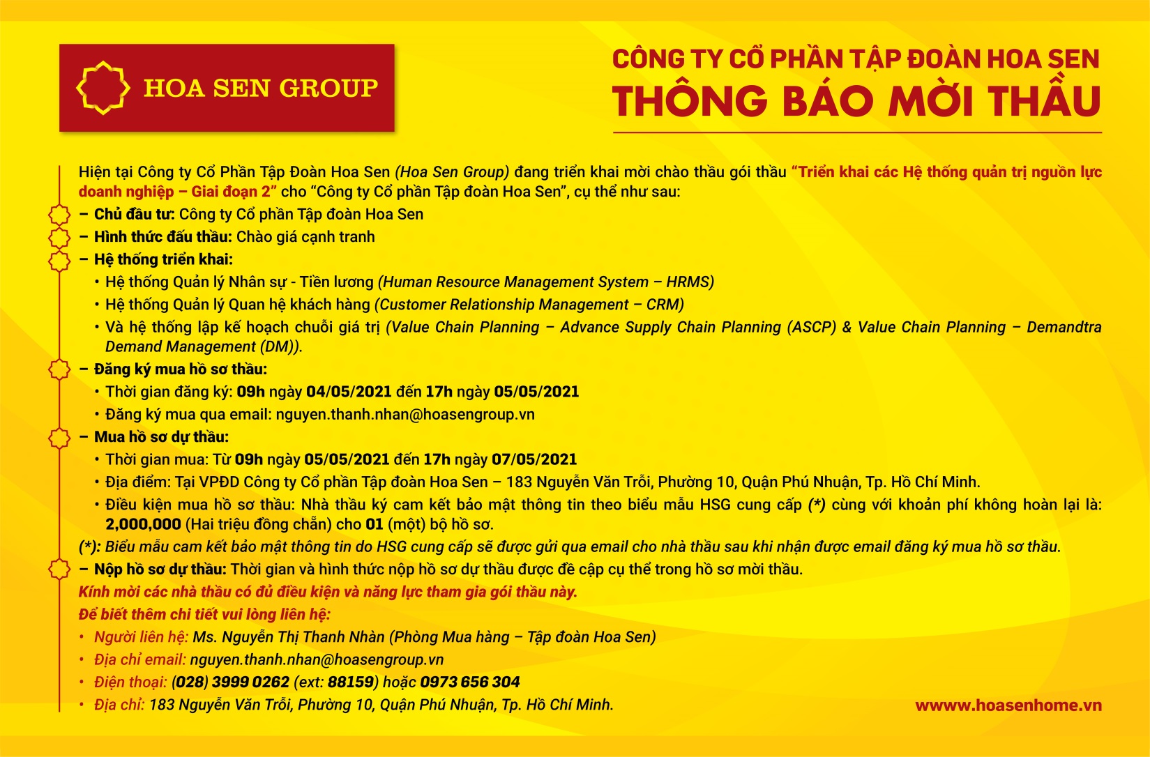 Th&ocirc;ng b&aacute;o mời thầu triển khai ERP giai đoạn 2 của Tập đo&agrave;n Hoa Sen.