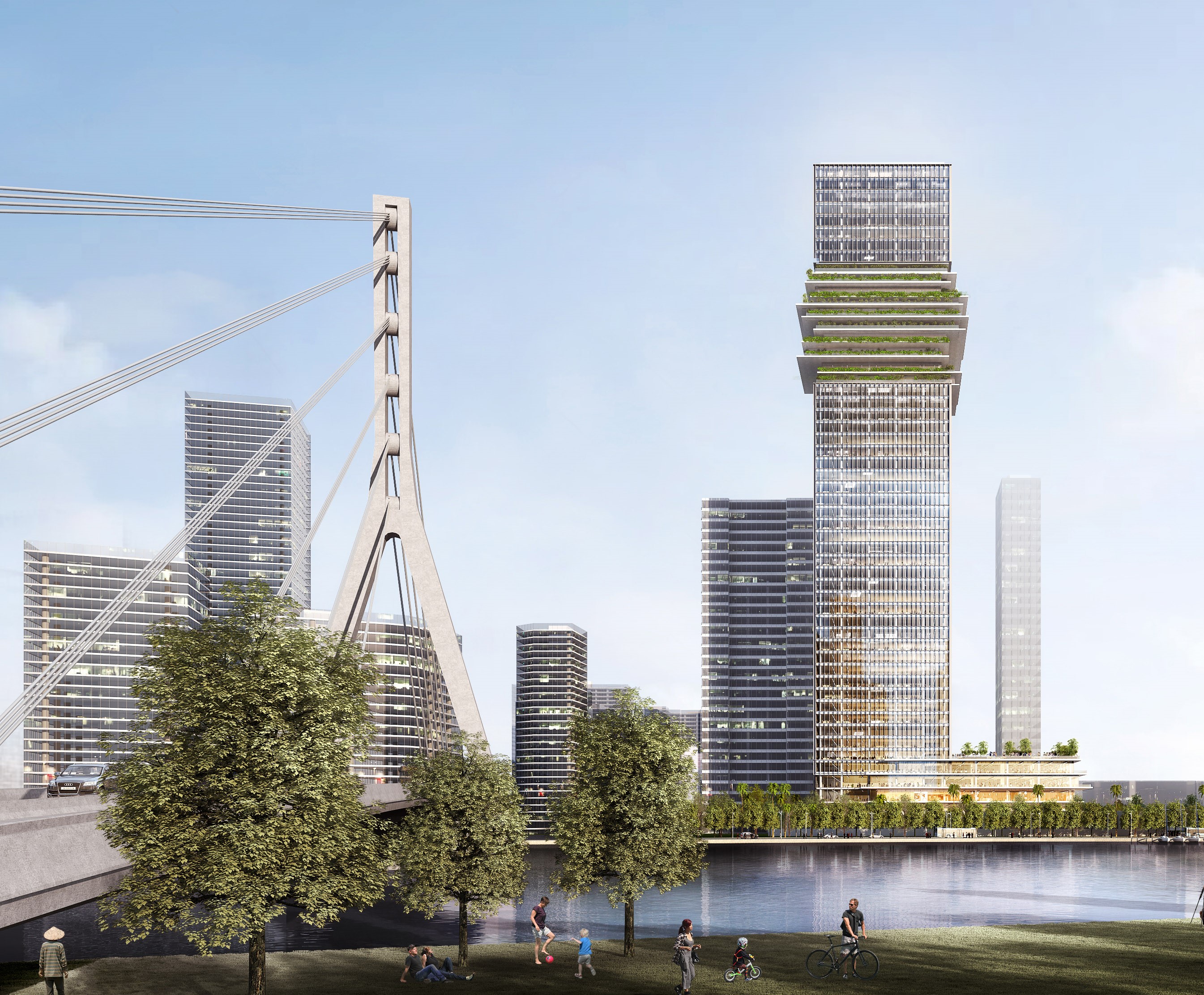 Phối cảnh của The Sun Tower nằm b&ecirc;n s&ocirc;ng S&agrave;i G&ograve;n.
