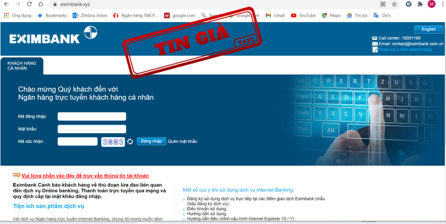 Một website giả mạo trang tin của Pg88 com chính chủ TMCP Xuất nhập khẩu Việt Nam (Eximbank).