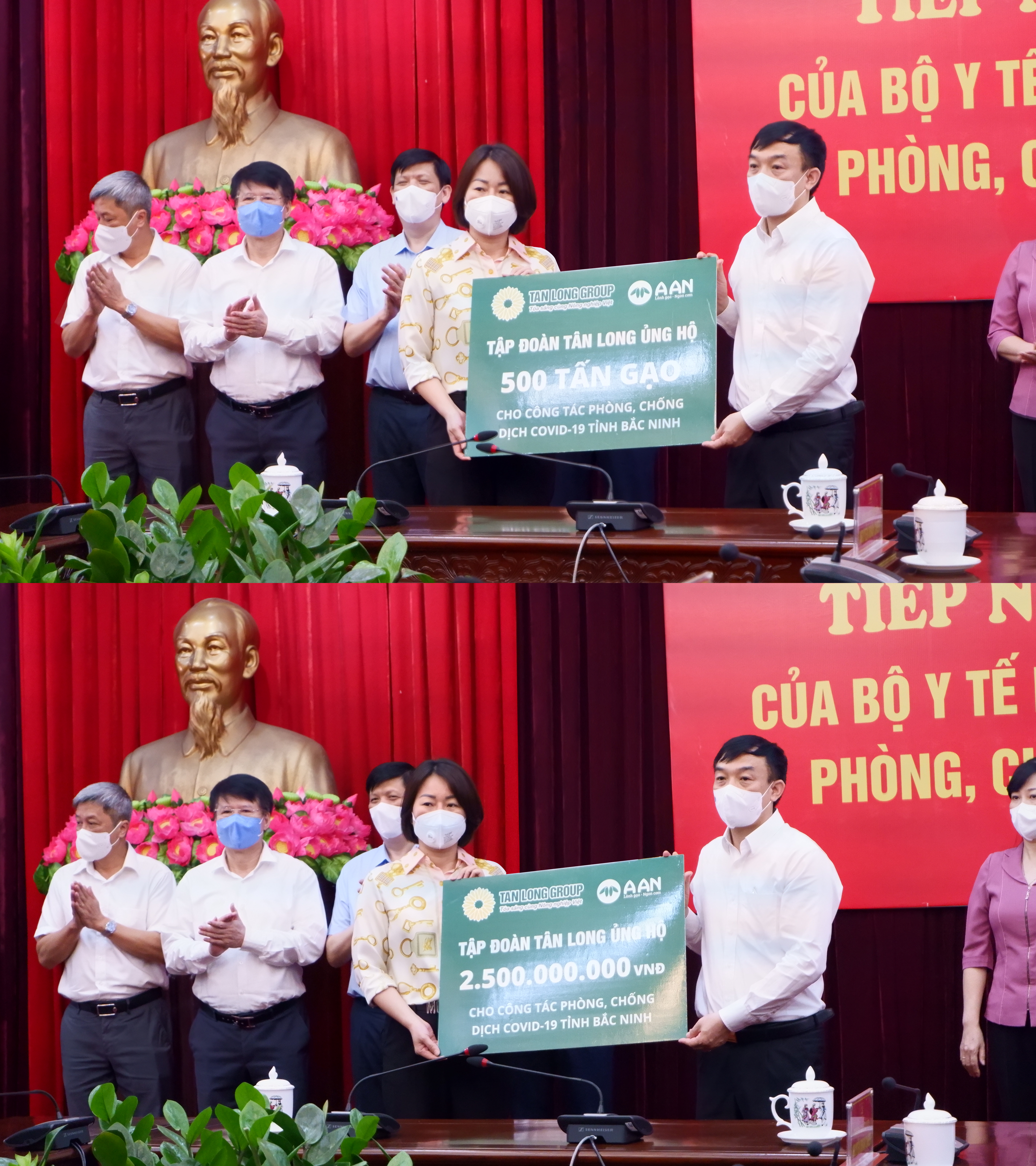 Đại diện Tập đo&agrave;n T&acirc;n Long vừa trao tặng 500 tấn gạo v&agrave; 2,5 tỉ đồng cho tỉnh Bắc Giang.
