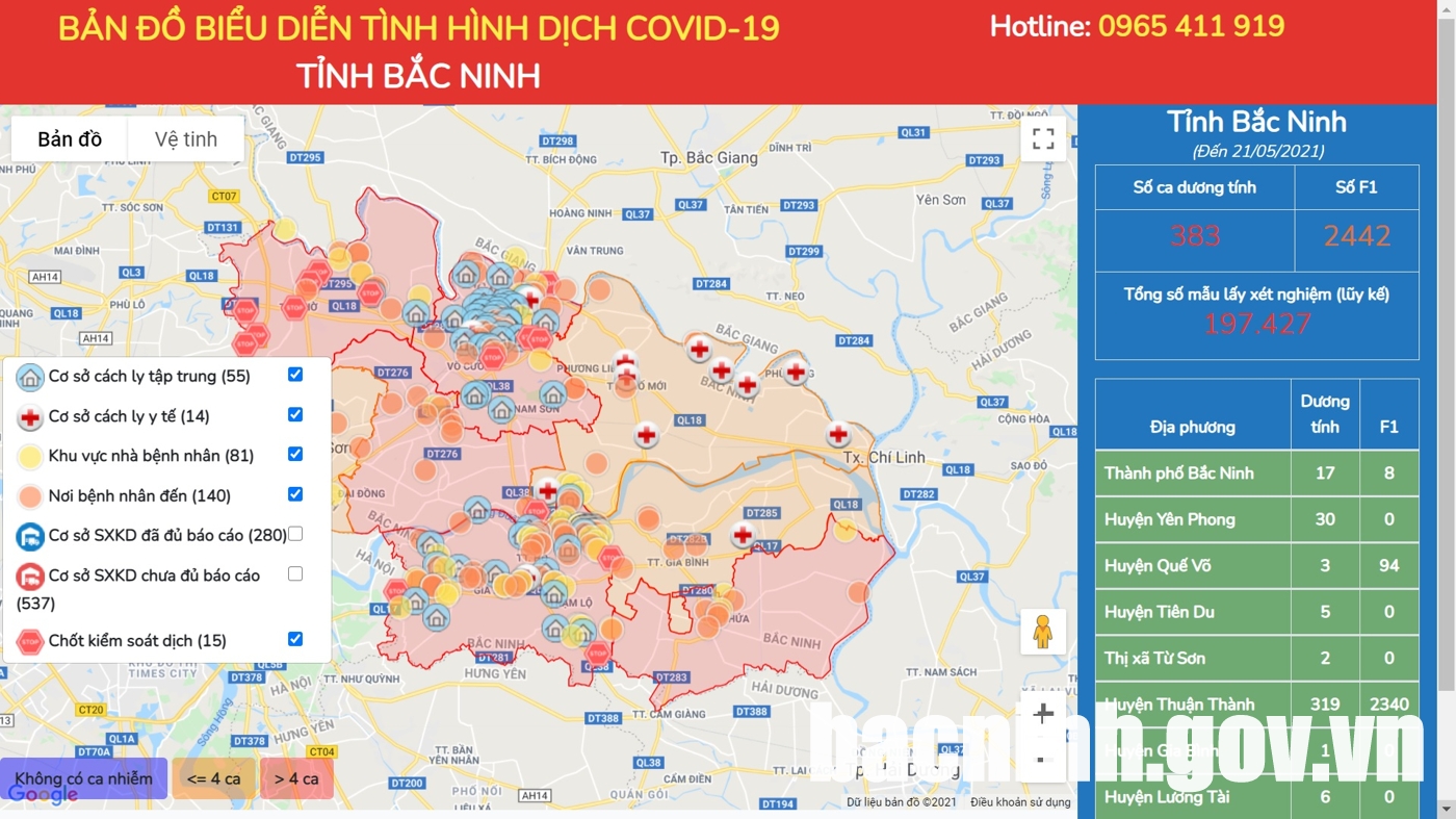 Bản đồ thông tin dịch tễ Covid-19 tỉnh Bắc Ninh