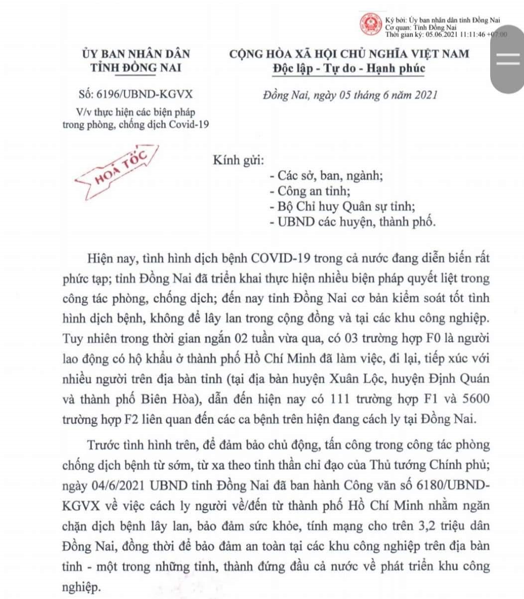 C&ocirc;ng văn ng&agrave;y 5/6 của Ủy ban nh&acirc;n d&acirc;n tỉnh Đồng Nai đ&atilde; nới lỏng hơn quy định đi lại giữa TP.HCM v&agrave; Đồng Nai.&nbsp;