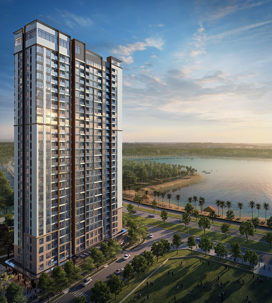 Khu căn hộ cao cấp Masteri Waterfront với tầm nh&igrave;n trực diện biển hồ nước mặn 6.1ha v&agrave; hồ trung t&acirc;m 24.5ha.