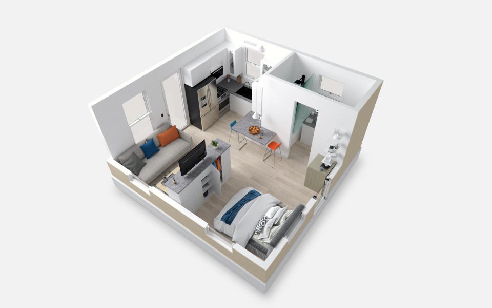 H&igrave;nh ảnh 3D b&ecirc;n trong một căn hộ lắp gh&eacute;p 35m2 của&nbsp;Boxabl - Ảnh:&nbsp;Boxabl