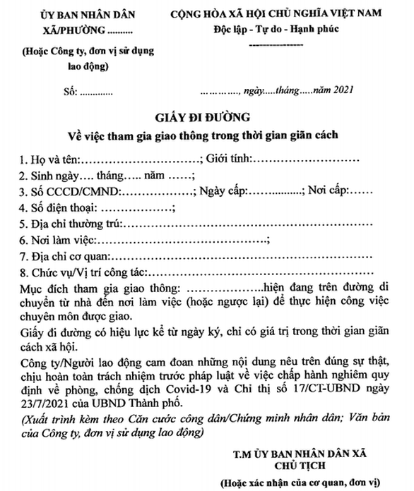 Mẫu giấy tờ sử dụng cho người đủ điều kiện lưu th&ocirc;ng tr&ecirc;n địa b&agrave;n H&agrave; Nội trong thời gian gi&atilde;n c&aacute;ch x&atilde; hội.