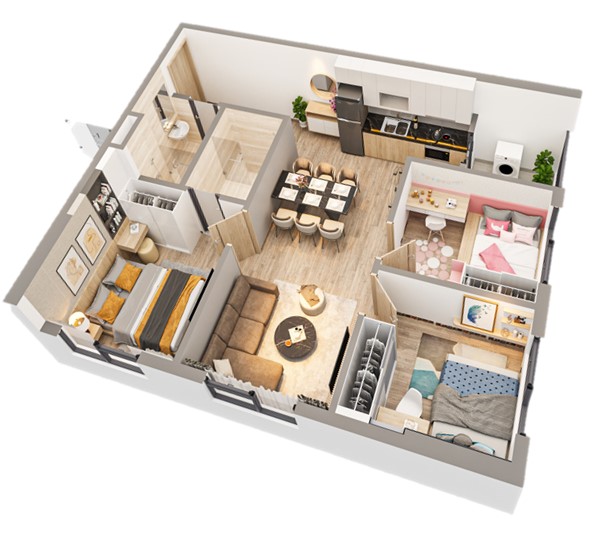 Thiết kế layout th&ocirc;ng minh, diện t&iacute;ch căn hộ vừa phải nhưng vẫn đảm bảo tất cả c&ocirc;ng năng v&agrave; th&ocirc;ng tho&aacute;ng ở tất cả c&aacute;c ph&ograve;ng theo ti&ecirc;u ch&iacute; Nhật Bản.