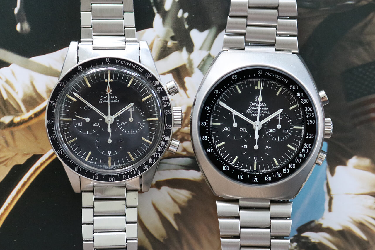 Hai mẫu đồng hồ đ&aacute;ng để Pg88vn Trang Chủ Chính Thức của Omega:&nbsp;Omega Speedmaster 1969 v&agrave; Omgea Speedmaster Mark II Ref. 145.014.