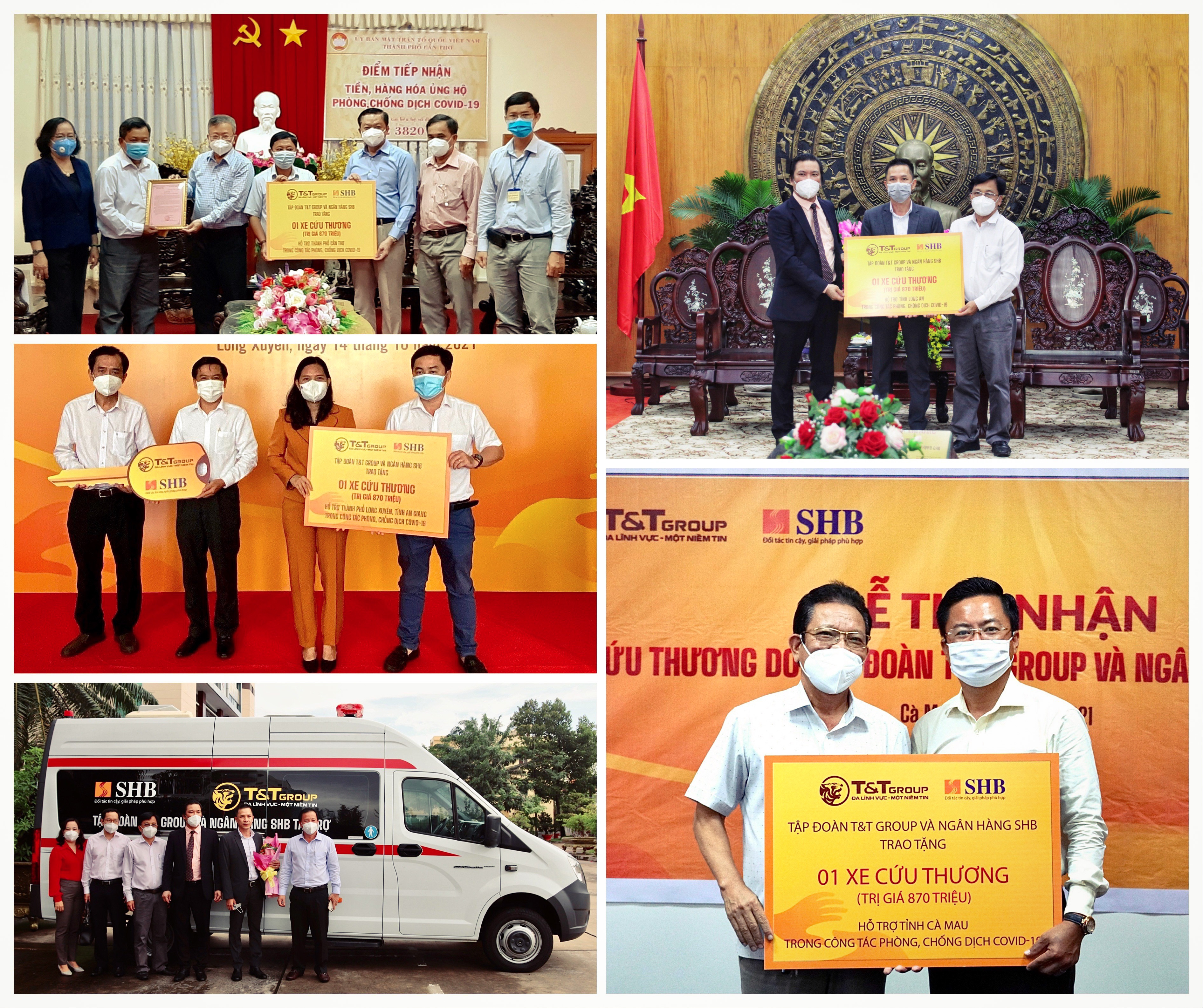 T&T Group v&agrave; Ng&acirc;n h&agrave;ng SHB trao tặng 8 xe cứu thương cho 8 tỉnh, th&agrave;nh, bao gồm: Cần Thơ, Vĩnh Long, An Giang, Đồng Th&aacute;p, Ki&ecirc;n Giang, C&agrave; Mau, Long An v&agrave; S&oacute;c Trăng với tổng trị gi&aacute; gần 7 tỷ đồng.