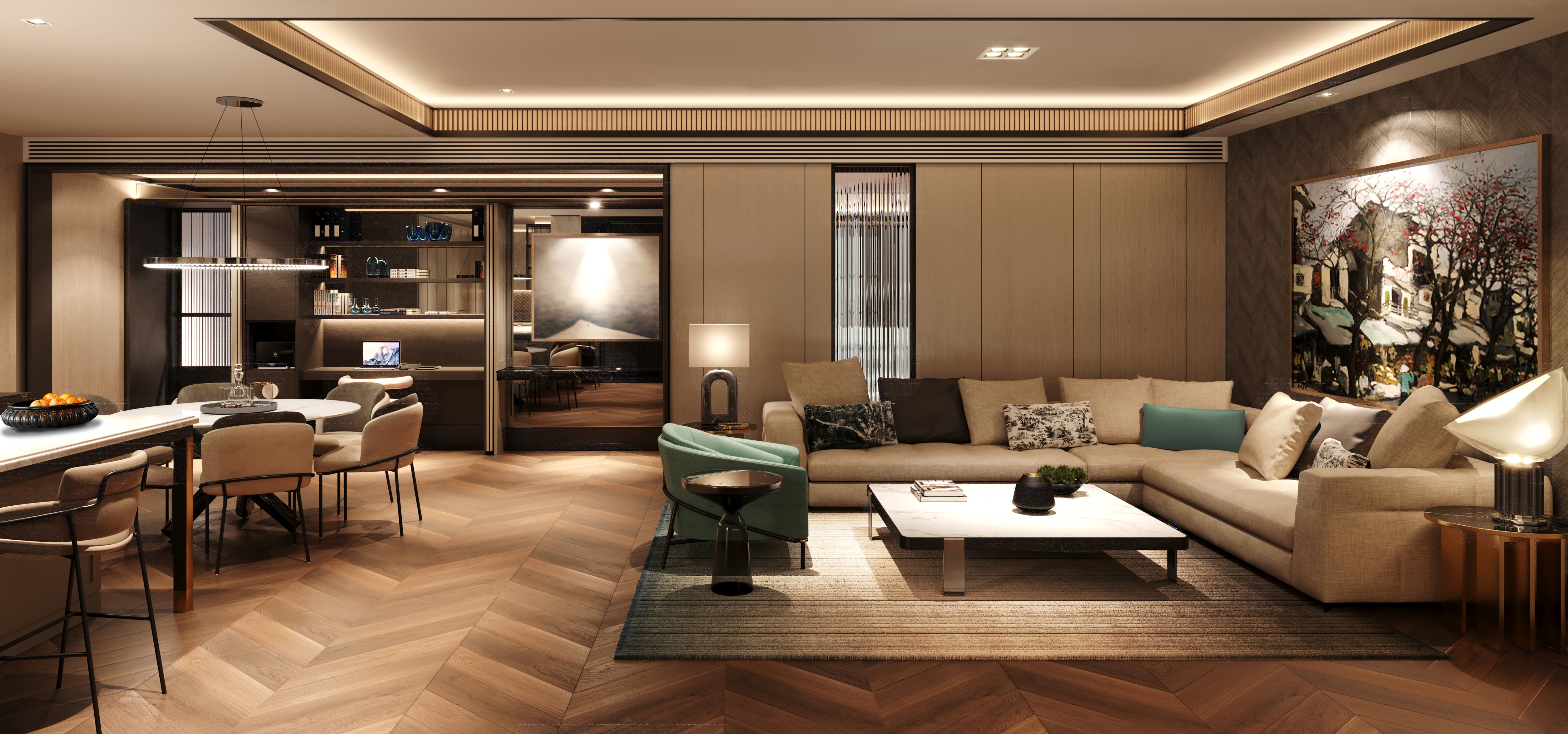 Phối cảnh ph&ograve;ng kh&aacute;ch dự &aacute;n căn hộ h&agrave;ng hiệu đầu ti&ecirc;n tại Việt Nam mang thương hiệu Ritz-Carlton huyền thoại.