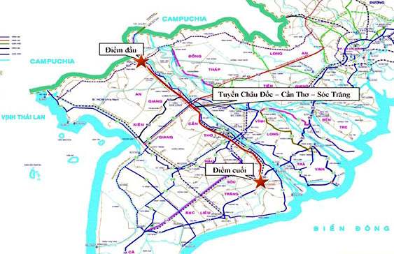 Sơ đồ tuyến cao tốc Ch&acirc;u Đốc - Cần Thơ - S&oacute;c Trăng.