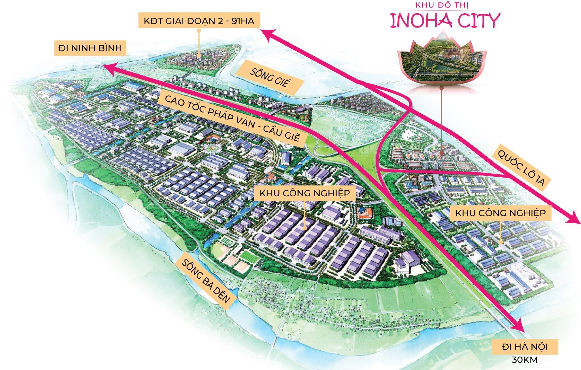 Vị tr&iacute; tiếp điểm giữa c&aacute;c tuyến đường lớn biến Inoha City th&agrave;nh một khu đ&ocirc; thị dịch vụ giao thương sầm uất.