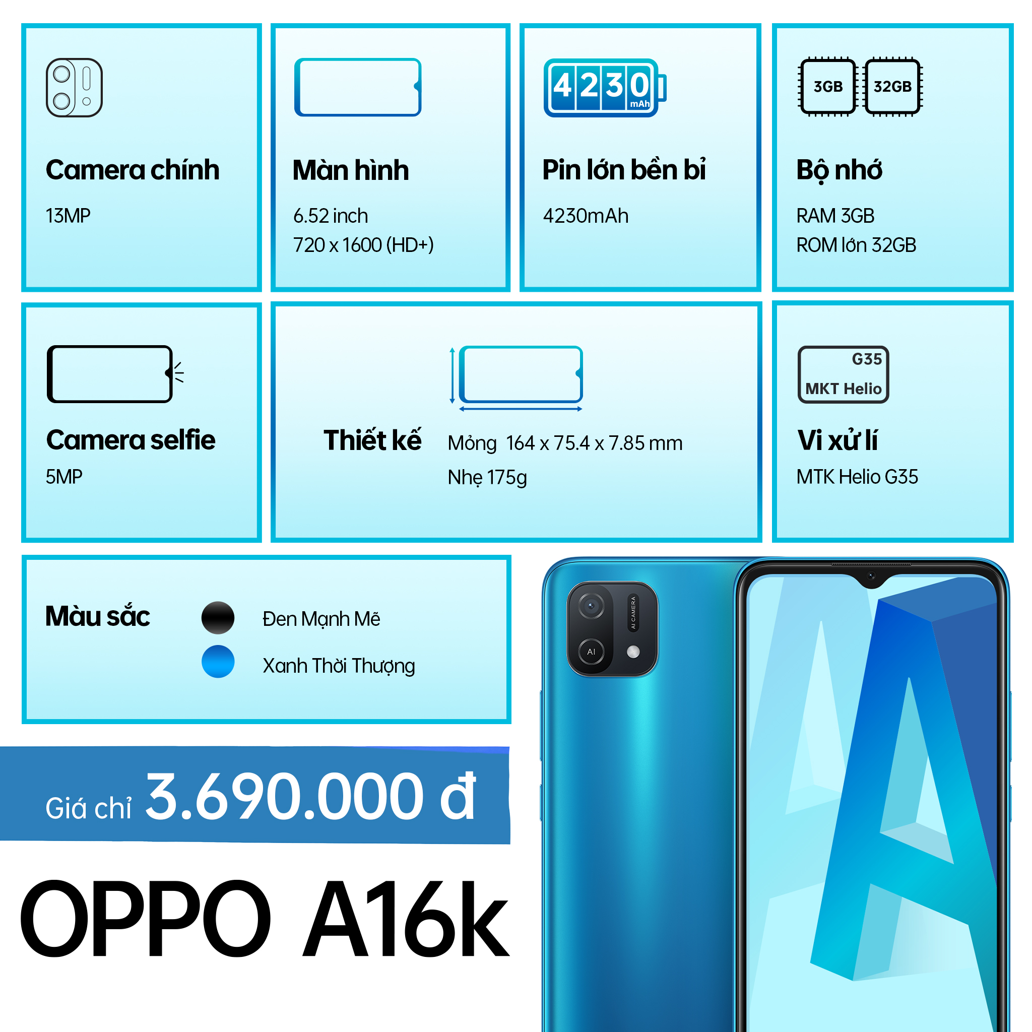 Nhiều t&iacute;nh năng nổi trội về camera, m&agrave;n h&igrave;nh, pin, bộ nhớ&hellip; được t&iacute;ch hợp trong OPPO A16k.