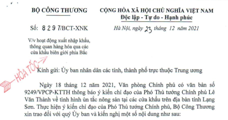 C&ocirc;ng văn hỏa tốc của Bộ C&ocirc;ng Thương gửi c&aacute;c tỉnh.