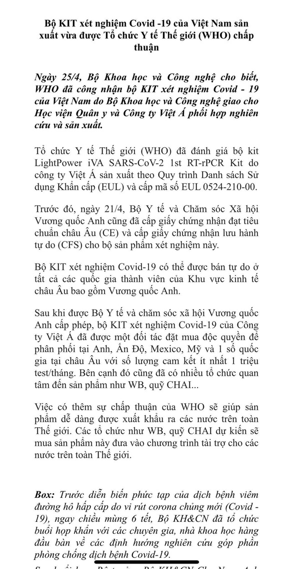 Ảnh chụp th&ocirc;ng c&aacute;o b&aacute;o ch&iacute; được Bộ KH&CN email tới c&aacute;c cơ quan b&aacute;o ch&iacute; ng&agrave;y 26/4/2020.