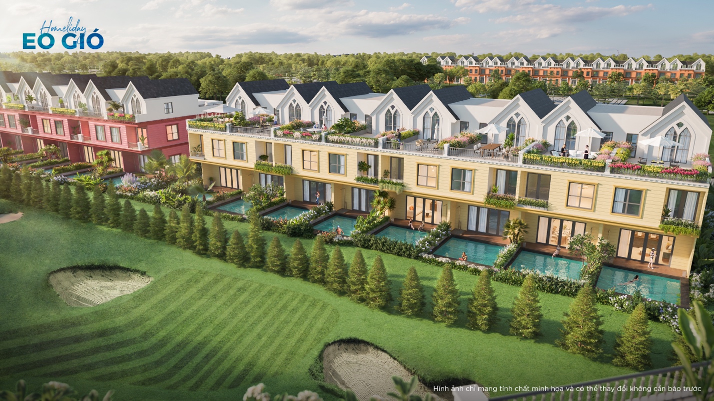 C&aacute;c d&atilde;y biệt thự với ban c&ocirc;ng v&agrave; bể bơi hướng ra s&acirc;n Golf.