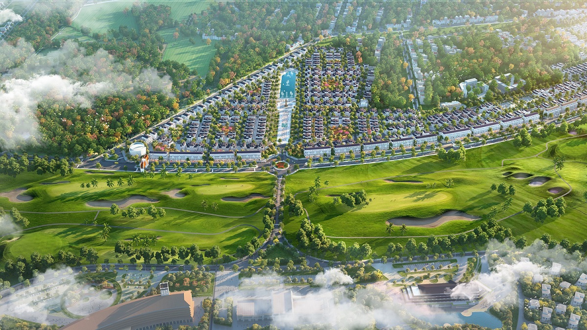 Phối cảnh một phần đ&ocirc; thị sinh th&aacute;i v&agrave; s&acirc;n golf tại FLC Gia Lai.