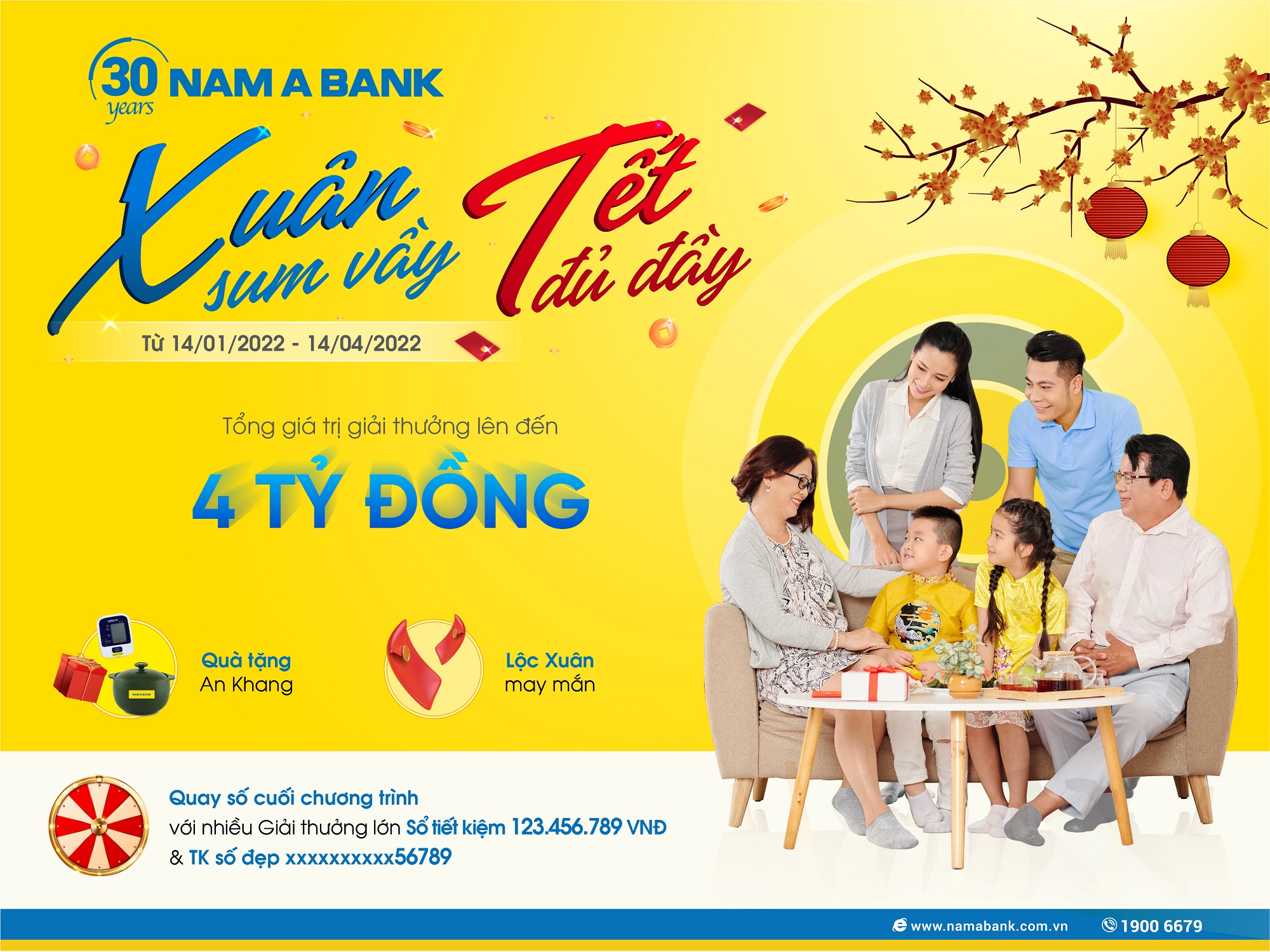 Nam A Bank đang triển khai chương tr&igrave;nh &ldquo;Xu&acirc;n sum vầy, Tết đủ đầy&rdquo; với tổng gi&aacute; trị l&ecirc;n đến 4 tỷ đồng.