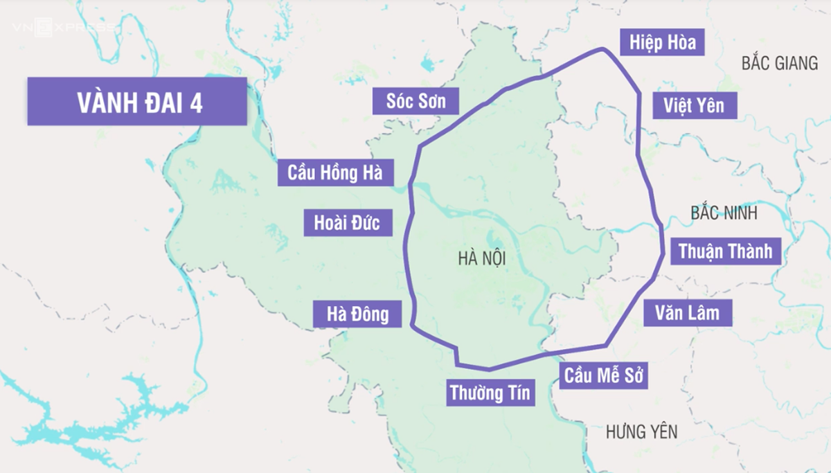 Hướng tuyến đường v&agrave;nh đai 4 theo quy hoạch.