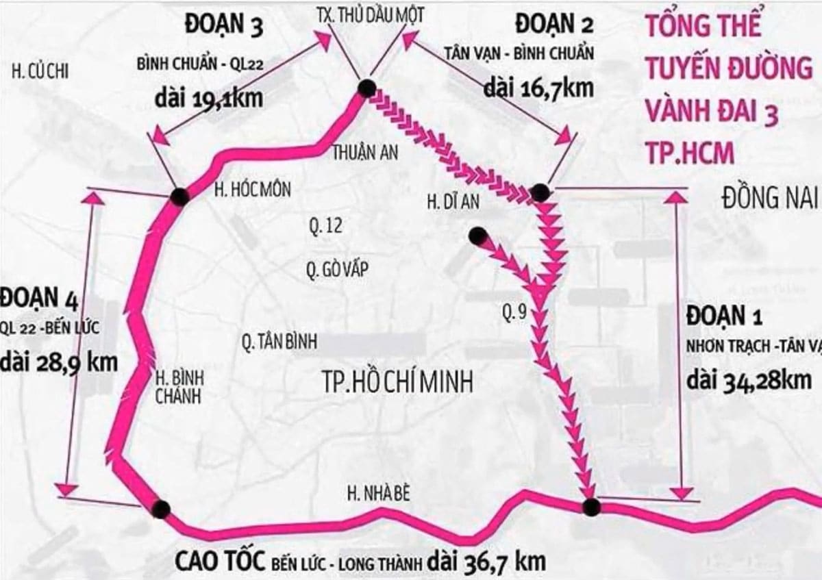 Dự &aacute;n đường V&agrave;nh đai 3 c&oacute; tổng chiều d&agrave;i 89 km, đi qua địa b&agrave;n TP.HCM, Đồng Nai, B&igrave;nh Dương v&agrave; Long An.